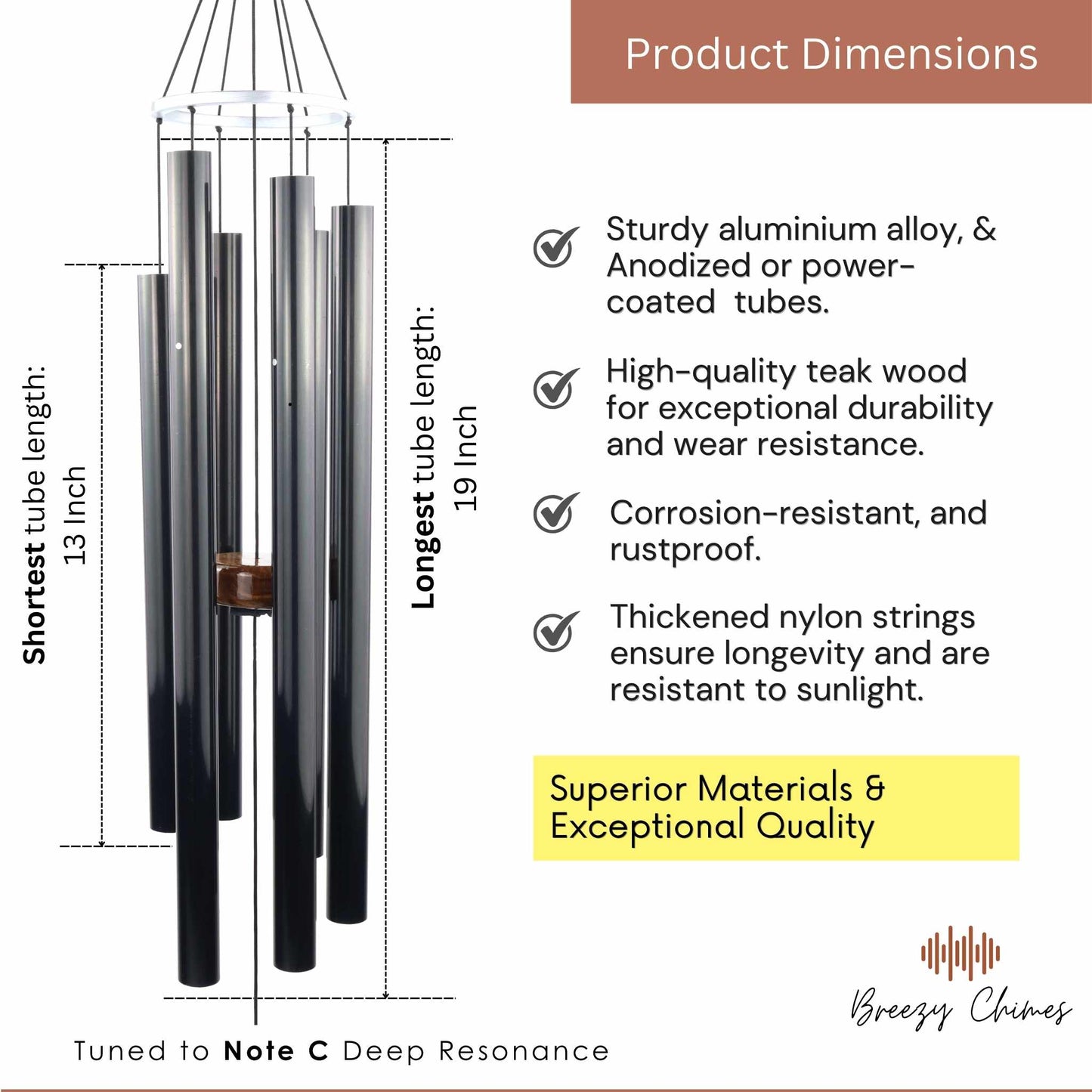 Glossy Black - 35 inch Large Wind chimes