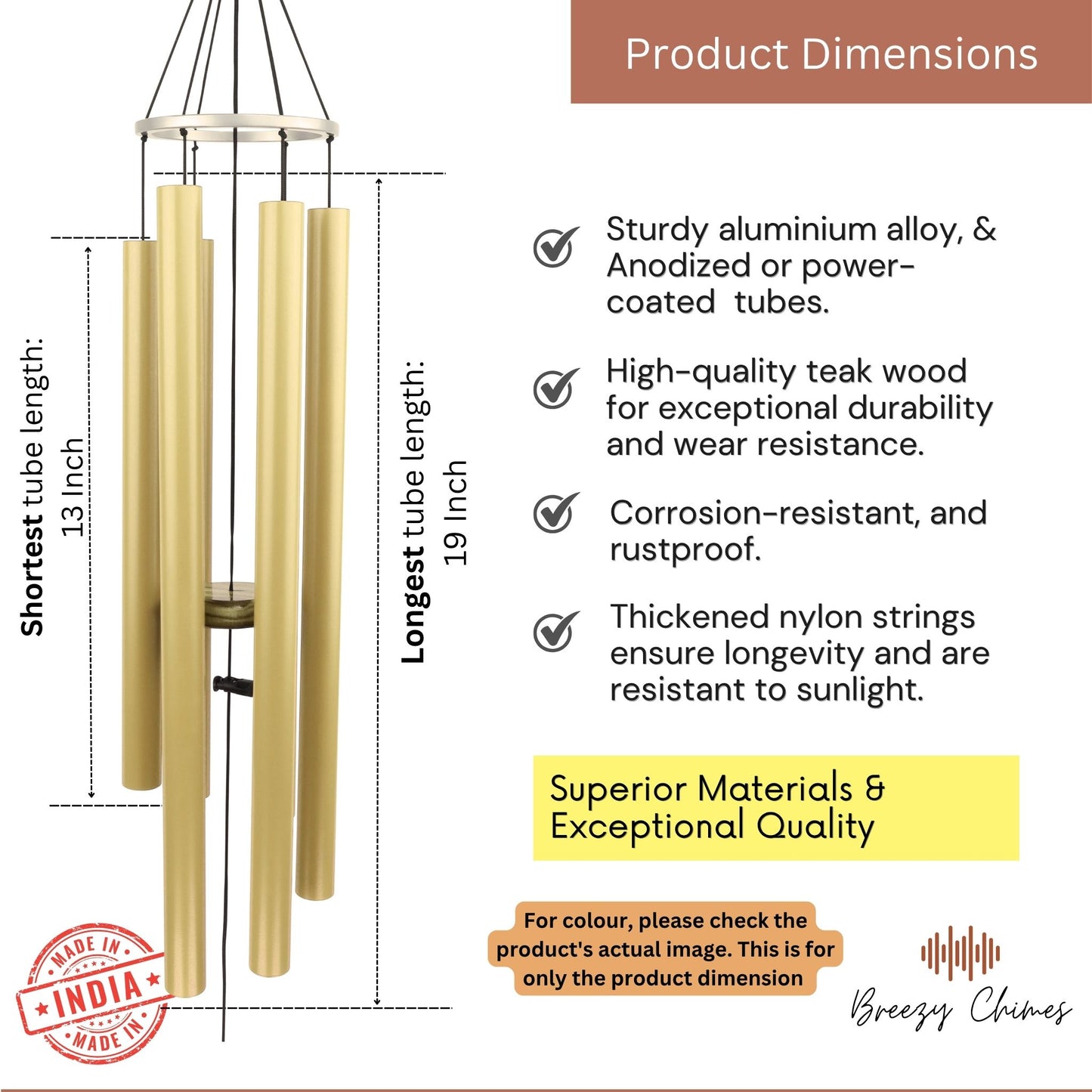 Golden Aura - 35 inch Large Wind Chimes pipe dimensions - Breezy Chimes