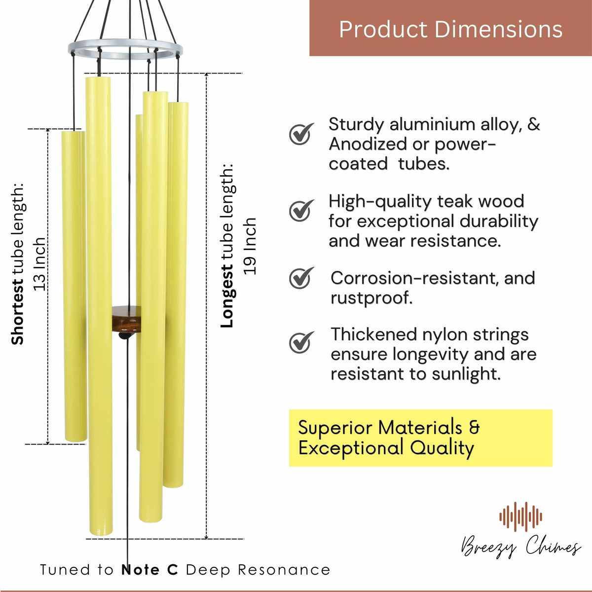 Harmonic Citrus - 35 inch Large Wind Chimes pipe dimensions - Breezy Chimes