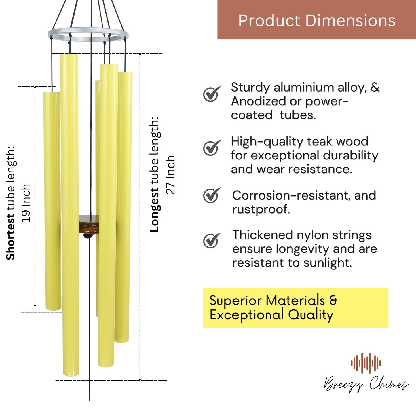 Harmonic Citrus - 50 inch Large Wind Chimes pipe dimensions - Breezy Chimes