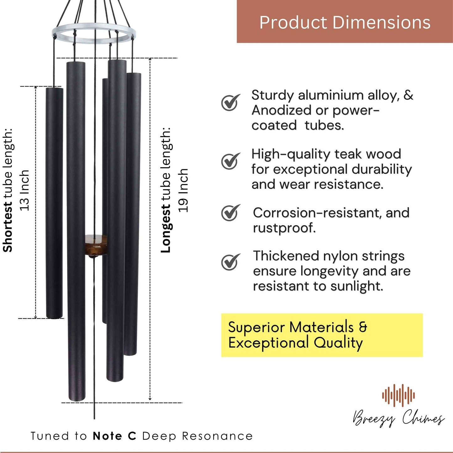 Jade Wonder - 35 inch Large Wind Chimes pipe dimensions - Breezy Chimes