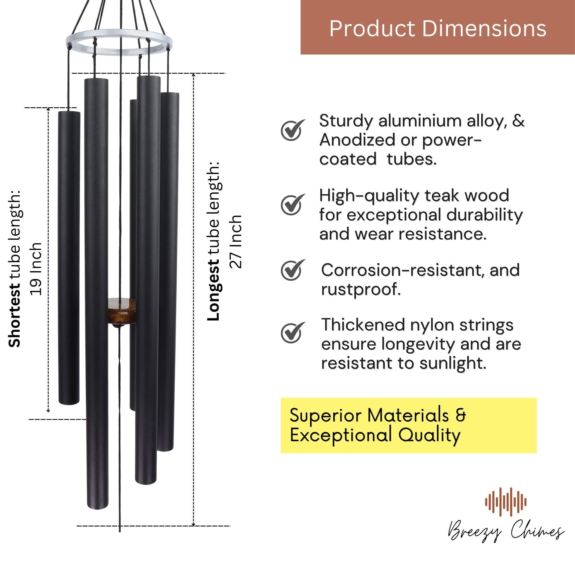 Jet Black - 50 inch Large Wind Chimes pipe dimensions - Breezy Chimes