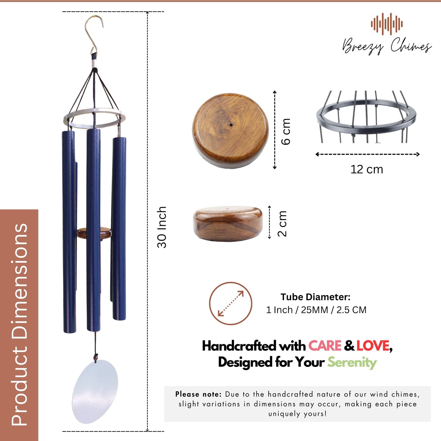 Midnight Echo - 30 inch Large Wind Chimes size and dimensions - Breezy Chimes