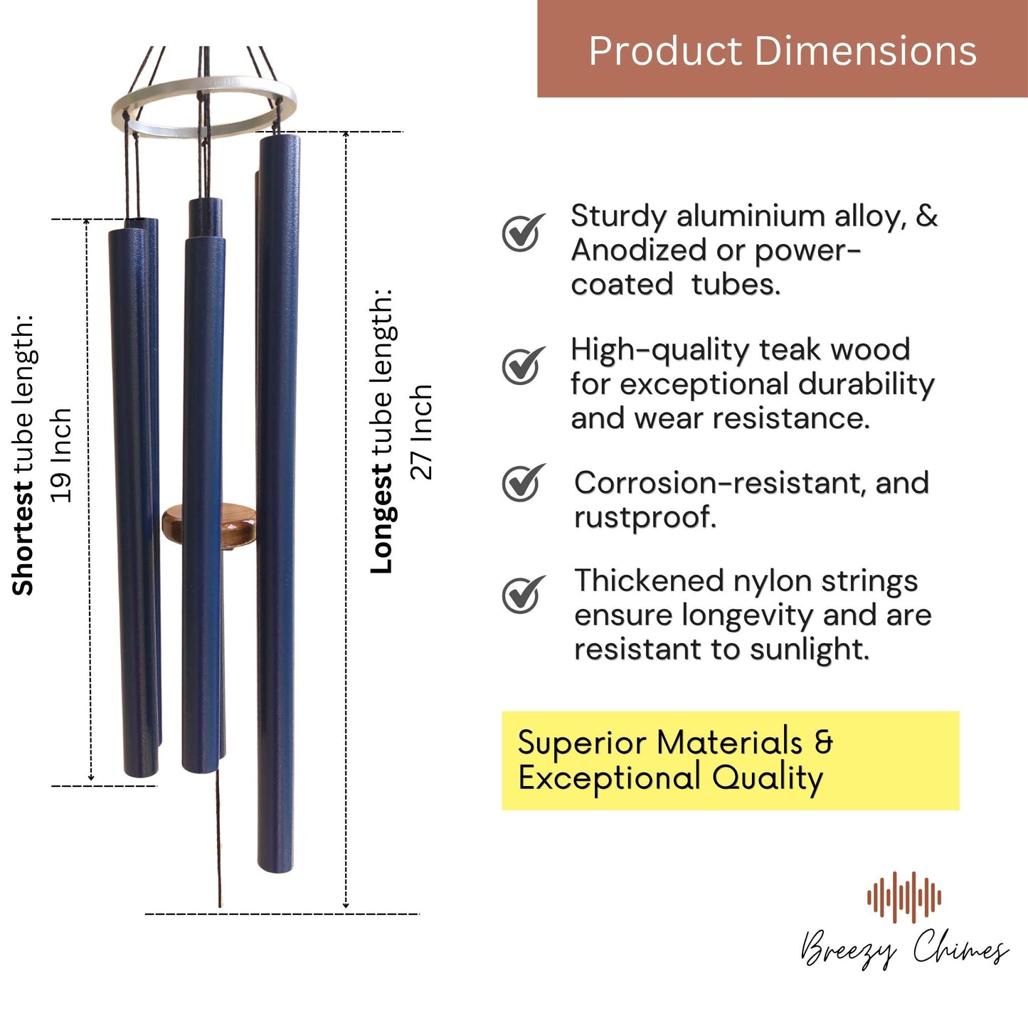 Midnight Echo - 50 inch Large Wind Chimes pipe dimensions - Breezy Chimes