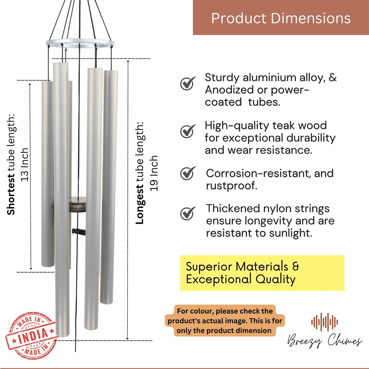 Silver Serenade - 35 inch Large Wind Chimes pipe dimensions  - Breezy Chimes