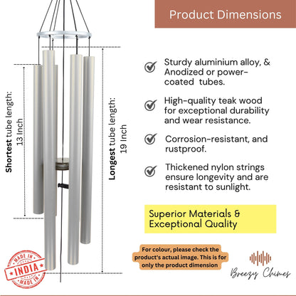 Silver Serenade - 35 inch Large Wind Chimes pipe dimensions  - Breezy Chimes