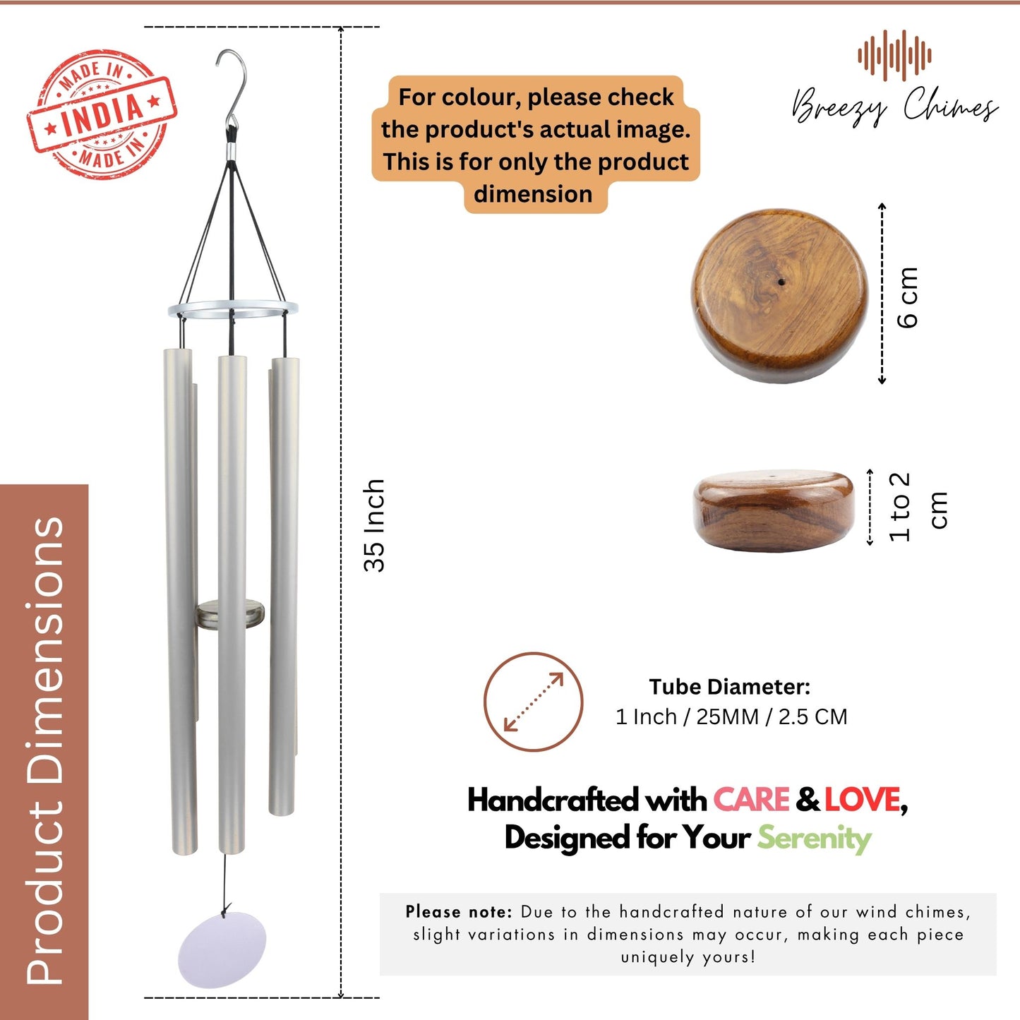 Silver Serenade - 35 inch Large Wind Chimes size and dimensions  - Breezy Chimes