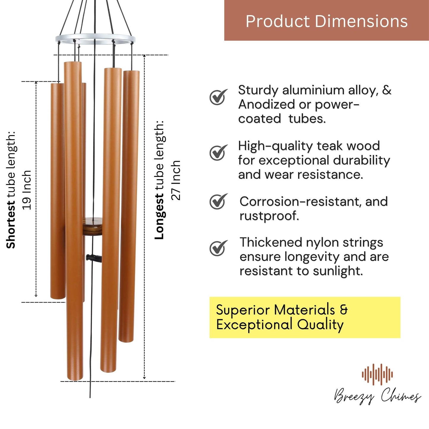 Terracotta Lovers - 50 inch Large Wind Chimes pipe dimensions - Breezy Chimes
