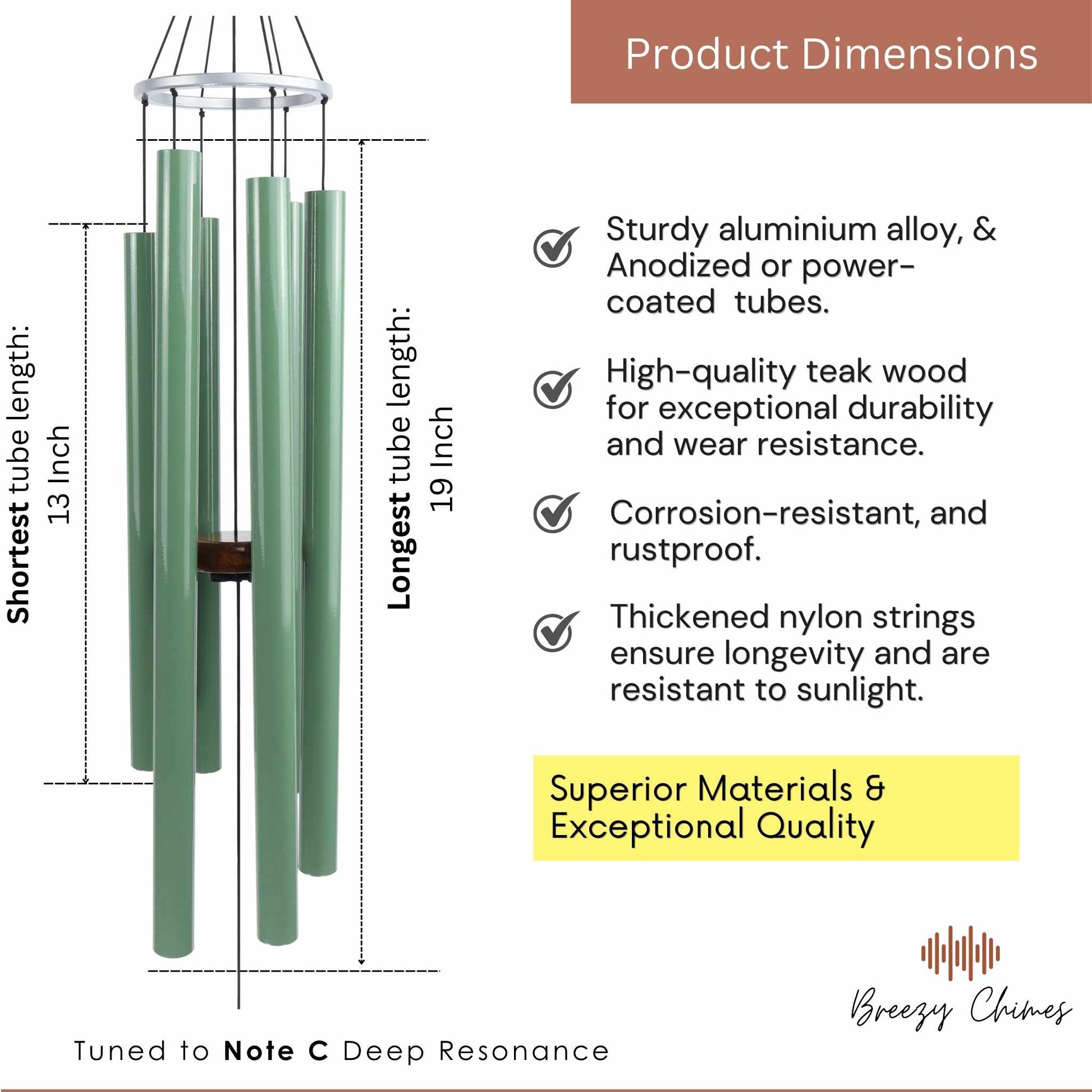Willow Symphony 35 inch Large Wind Chimes pipe dimensions - Breezy Chimes