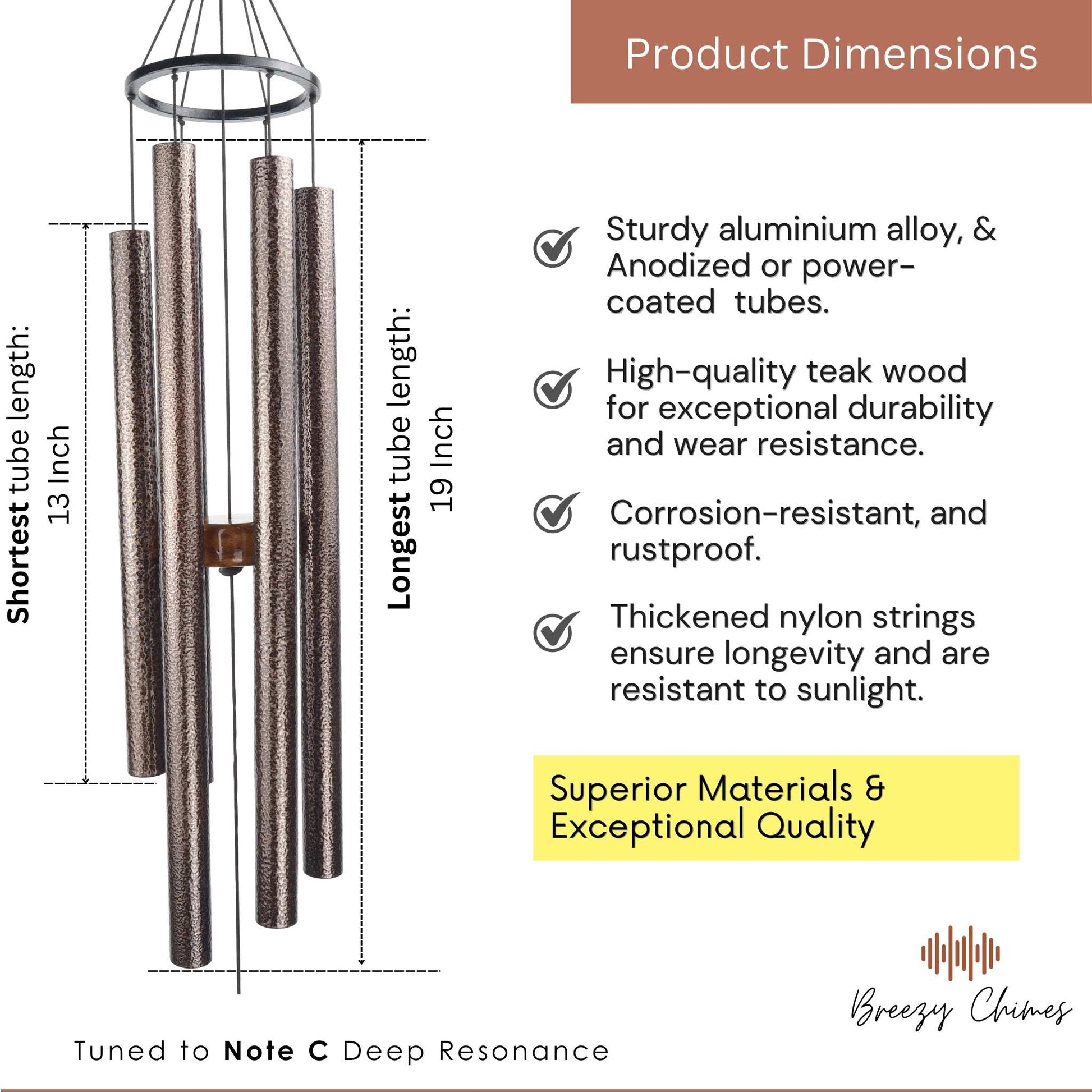 Antique Seekers 35 inch Large Wind Chimes pipe dimensions - Breezy Chimes